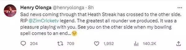 Olonga had posted Streak's death earlier in the day.